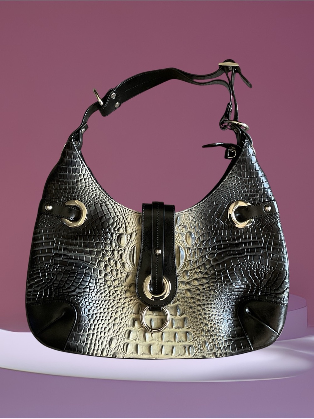 Vintage Charlie Lapson Y2K Crocodile-Embossed Leather Hobo Shoulder Bag